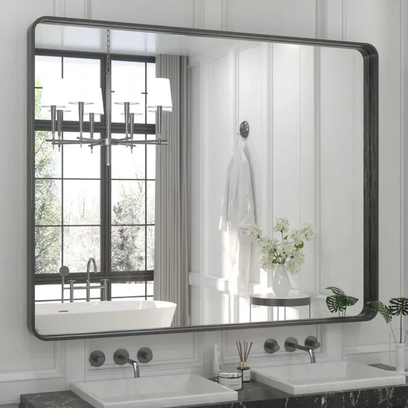 NEW West Elm XL Large Black Framed Metal Vanity Wall Hanging Mirror - 48 x 40